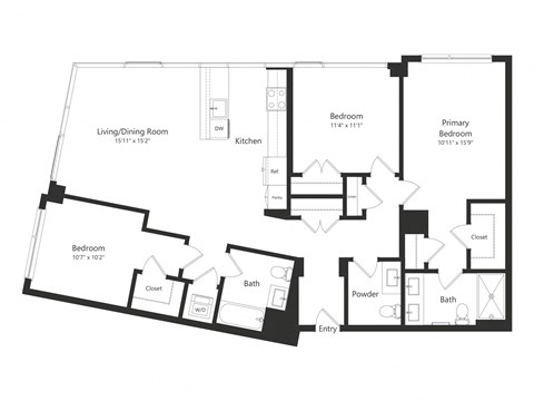 Floor plan for 3 beds, 2.5 baths, 1376 sqft